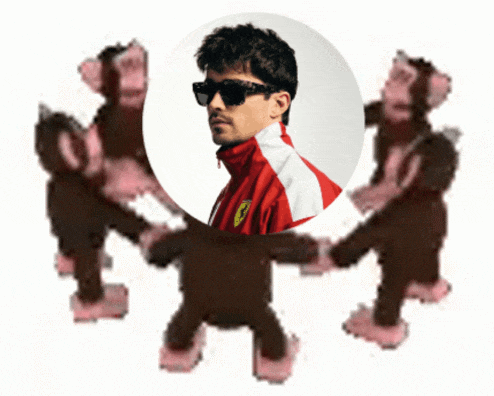 a man in a red jacket is surrounded by monkeys