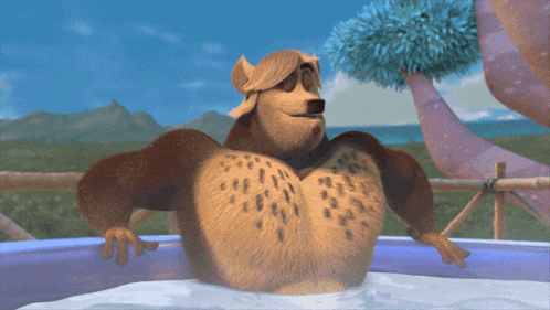a cartoon character is sitting in a pool with mountains in the background