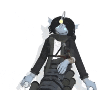 a cartoon character with a fish head is sitting on a rock