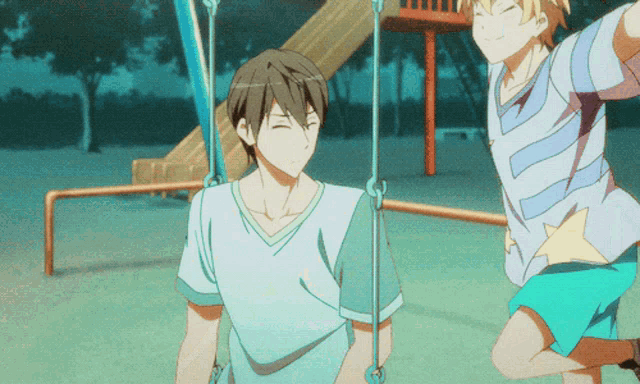 a couple of anime characters playing on a swing set