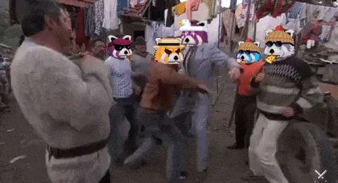 a group of people with animals on their heads are dancing