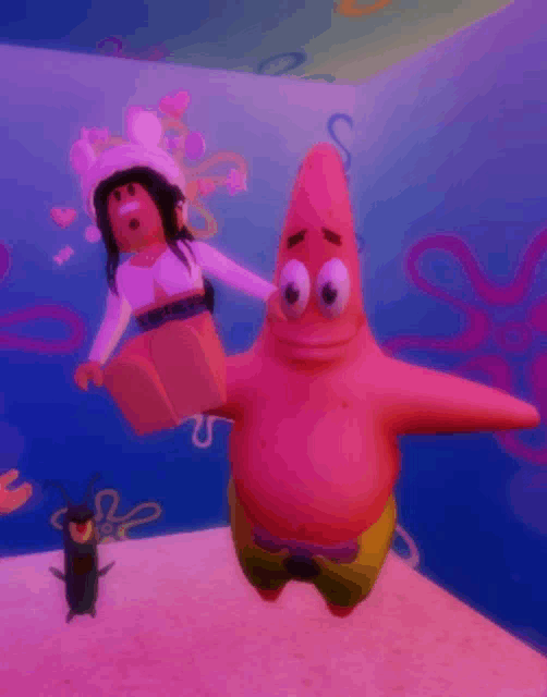 patrick star from spongebob squarepants is standing next to a girl in a white hat