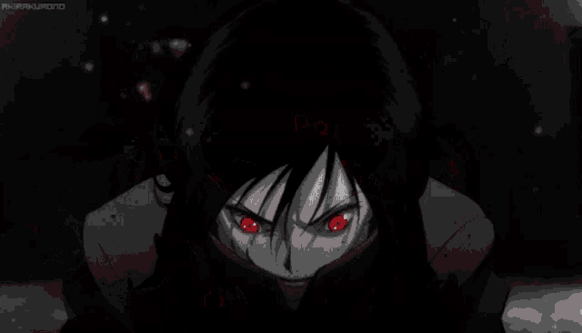 a black and white image of a person with red eyes and blood on their face