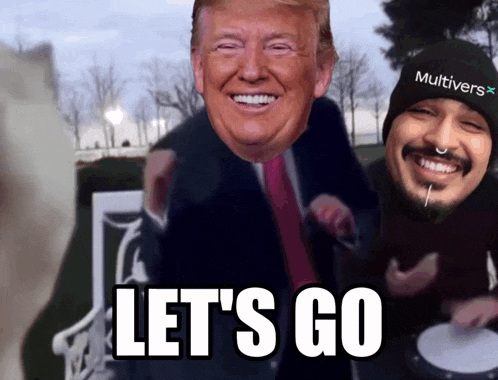 a picture of donald trump and a man wearing a hat that says multivers on it