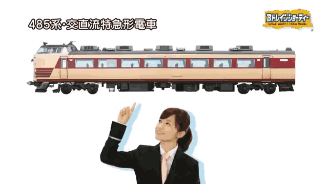 a woman with her arms outstretched is standing in front of a train that says 485