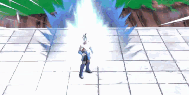 a video game character is standing on a tiled floor with a lightning bolt coming out of his head .