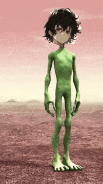 a cartoon character with green arms and legs is standing in the dirt
