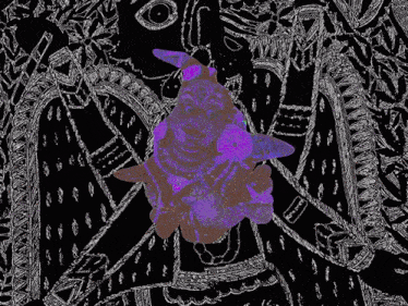 a black and white drawing of a person with a purple face
