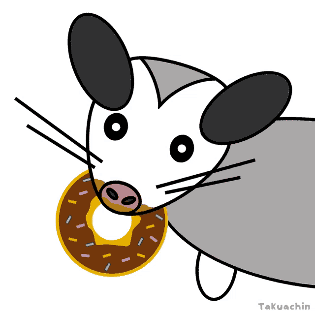 a cartoon of an opossum holding a donut with sprinkles in its mouth