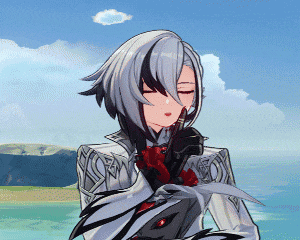 a girl with gray hair and black stripes is standing in front of the ocean with her eyes closed