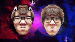two faces of a man with glasses and a purple background