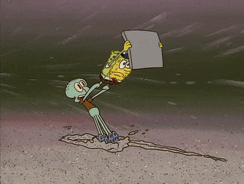a cartoon of spongebob and squidward holding a piece of cardboard