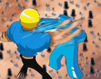 a cartoon character in a blue shirt is kicking a giant blue object .