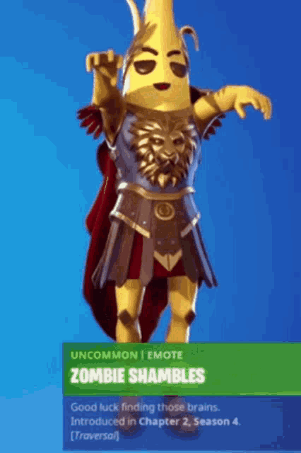 a video game character called zombie shambles with a lion on his outfit