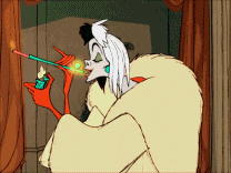a cartoon drawing of cruella de vil holding a lighter