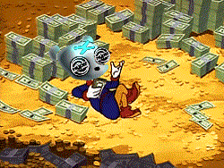 a cartoon character is laying on the ground surrounded by money
