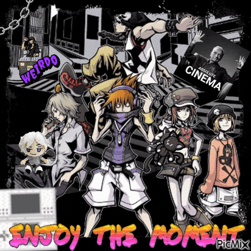 a group of anime characters with the words enjoy the moment