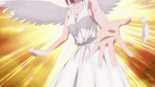 a woman in a white dress with wings is reaching out her hand