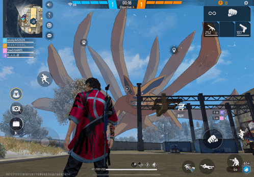 a man in a red shirt is standing in front of a large monster in a game