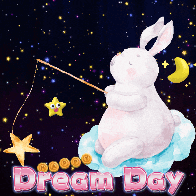 a rabbit is sitting on a cloud holding a fishing rod and the words dream day are below it