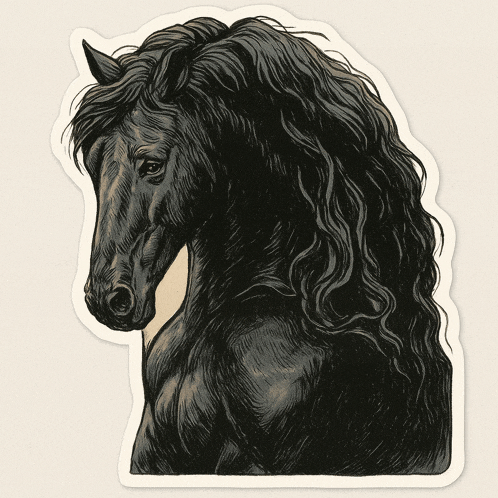 a sticker of a black horse with a very long mane