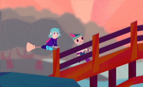 a couple of cartoon characters standing on a bridge with one holding a broom