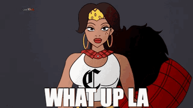 a cartoon character with the words what up la on the bottom