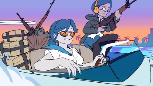 a cartoon drawing of two women in a boat with guns