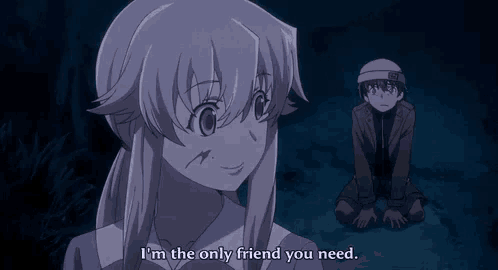 a girl says " i 'm the only friend you need " next to a boy kneeling down