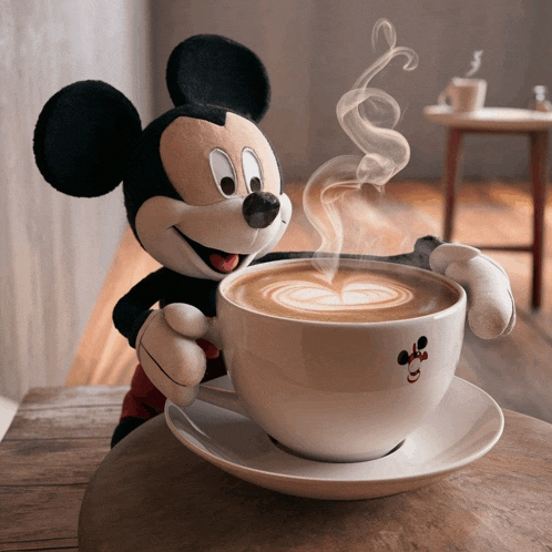 a stuffed mickey mouse is holding a cup of cappuccino