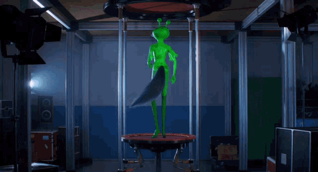 a green cartoon character with a white tail is standing on a red platform