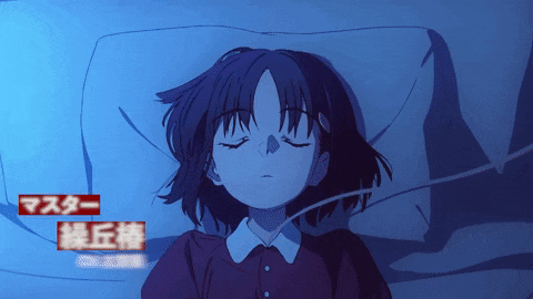 a girl is sleeping in a bed with chinese writing on the bottom right corner