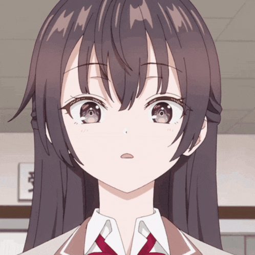 a close up of a girl 's face with a chinese sign in the background