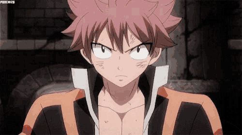 a close up of a fairy tail character with a serious look on his face and a black and orange jacket .