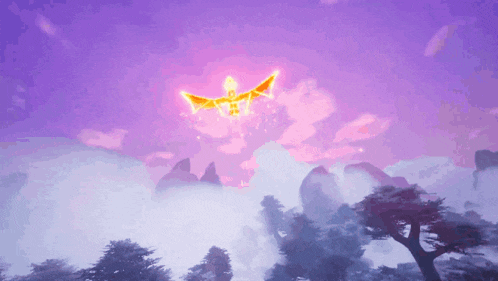 a purple sky with a dragon flying in the distance