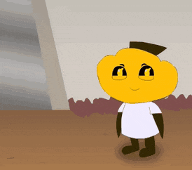 a cartoon character with a yellow head and a white shirt