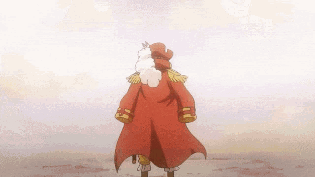 a cartoon character in a red coat and hat is standing in a field