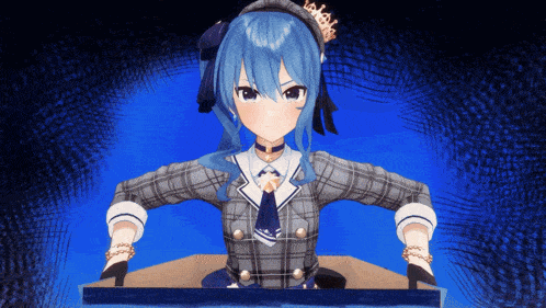 a blue haired anime girl with a crown on her head stands in a dark room