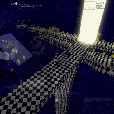 a screenshot of a video game shows a person standing in a checkered room