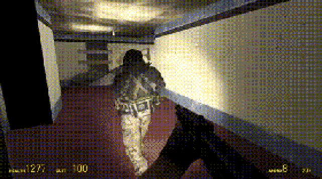 a video game screen shows a man walking down a hallway