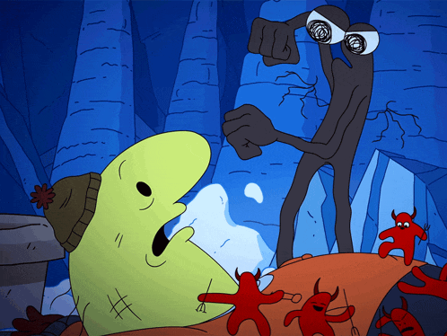 a cartoon drawing of a monster with a hat and a fist