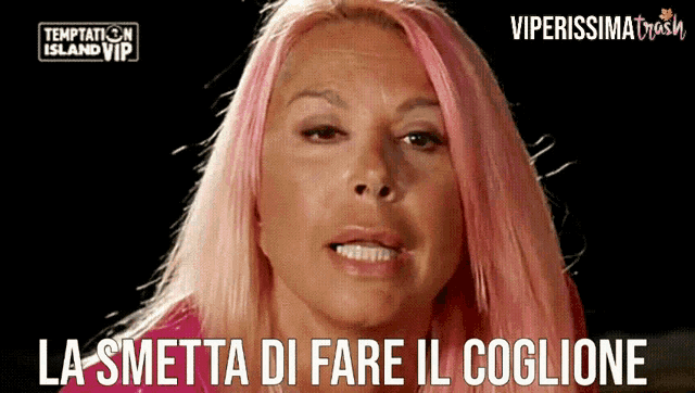 a woman with pink hair is featured on a temptation island vip poster