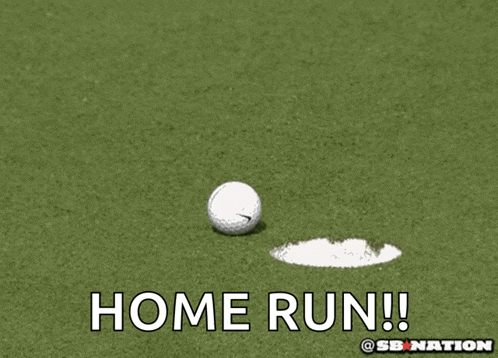 a golf ball is being hit by a golf club and the words home run are above it