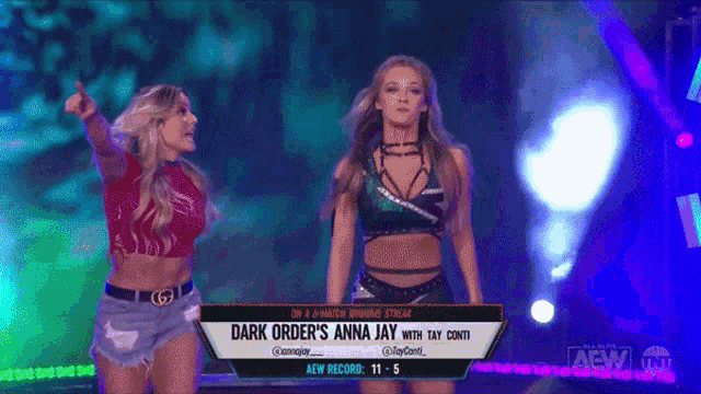 two women on a stage with the words dark order 's anna jay