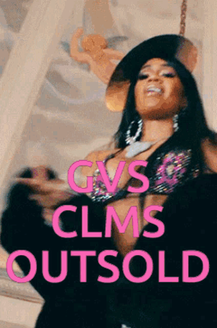 a picture of a woman with the words clms outsold in pink letters
