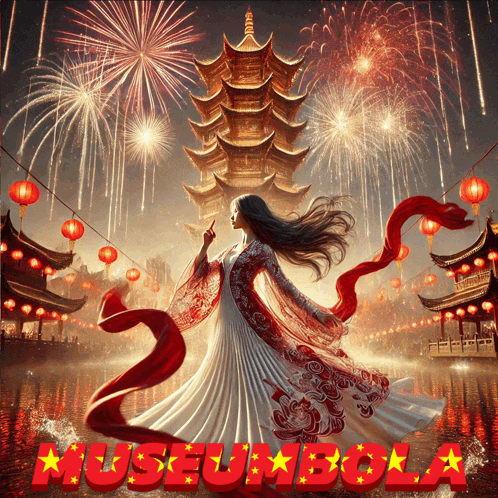 a woman in a white dress is dancing in front of a fireworks display and the word museumbola is on the bottom