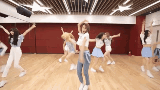 a group of women are dancing in a dance studio .