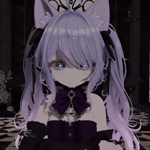 a girl with purple hair and blue eyes is wearing a black and white dress