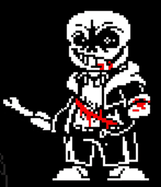 a pixel art of a skeleton holding a knife with blood coming out of his mouth .