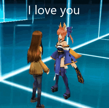 two anime characters are standing next to each other with the words i love you above them